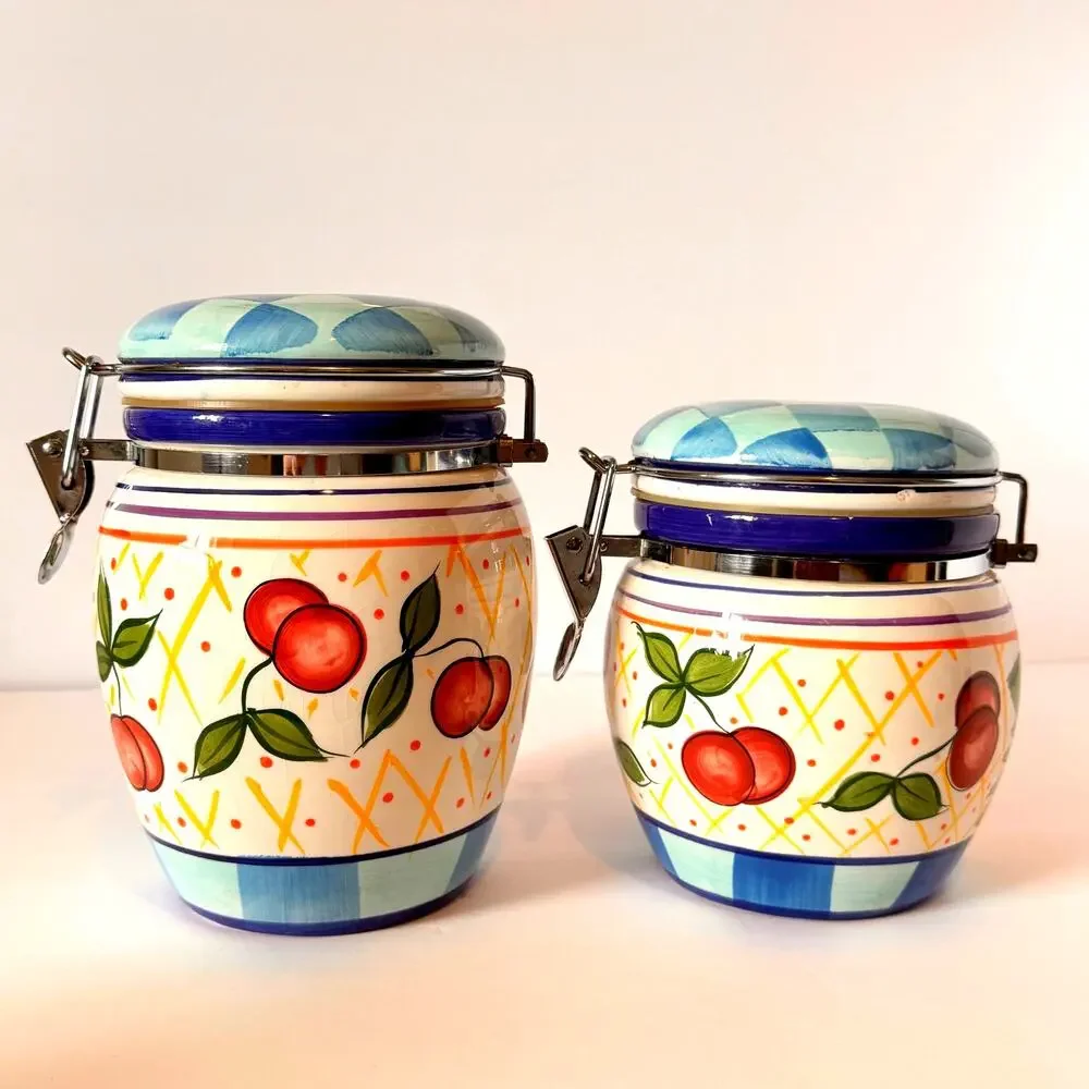 Capriware Michael's Orchard Lot of 2 Multi Color Handpainted Ceramic Canisters